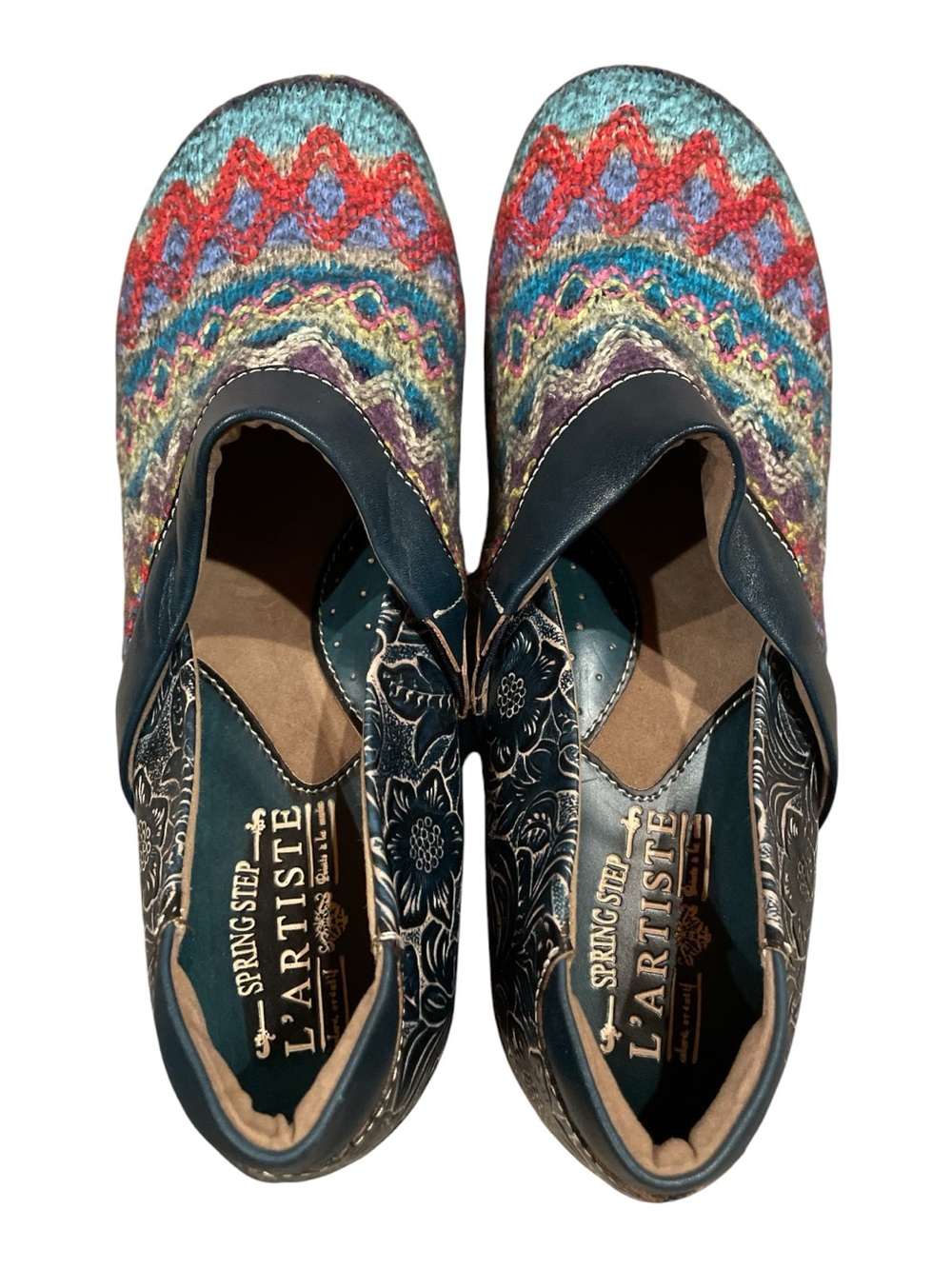 L'Artiste by Spring Step Leather Clogs Shoes Size 40 US 9 Embossed Floral Knit - Picture 3 of 6